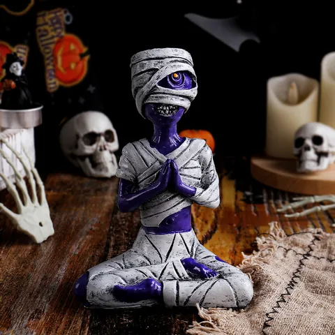 Halloween Purple Mummy Skeleton Meditation Figurine Resin Desktop Ornament Creative Spooky Bandaged Mummy Ghost Decor Craft