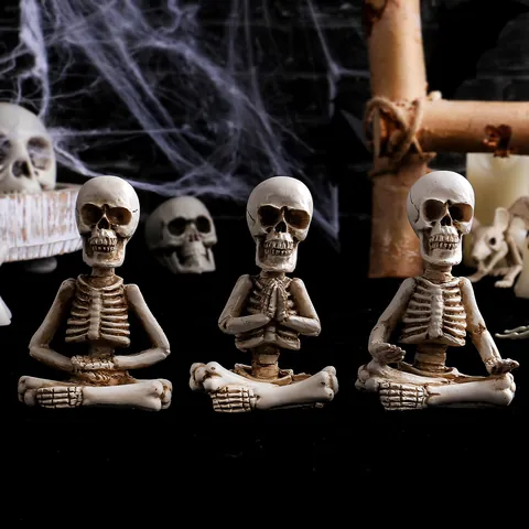 Halloween Yoga Skeleton Figurine Set Resin Meditation Skull Statues Gothic Home Office Tabletop Decoration Spooky Party Gift