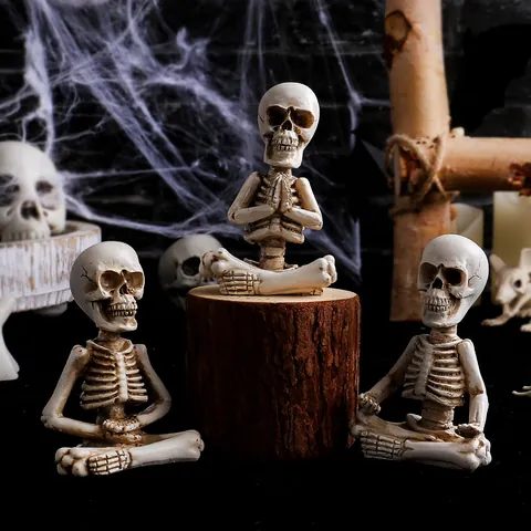 Halloween Yoga Skeleton Figurine Set Resin Meditation Skull Statues Gothic Home Office Tabletop Decoration Spooky Party Gift