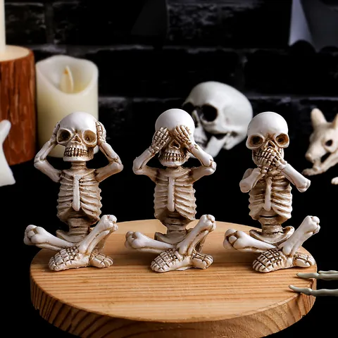 Halloween Skeleton Statues Set Hear See Speak No Evil Skull Figurines Resin Gothic Desktop Decor For Home Office Party