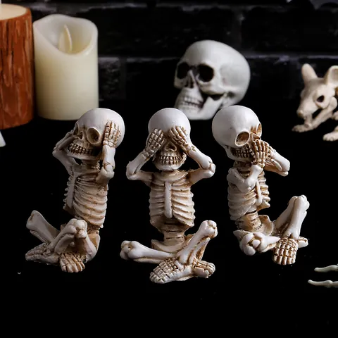 Halloween Skeleton Statues Set Hear See Speak No Evil Skull Figurines Resin Gothic Desktop Decor For Home Office Party