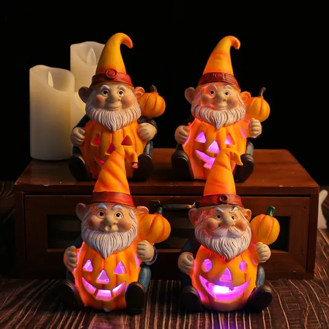 Halloween Lichtgevende Gnoom Met Pompoen Figuur Hars LED Jack O Lantern Standbeeld Voor Binnenplaats Tuin Huis Feest Decoratie