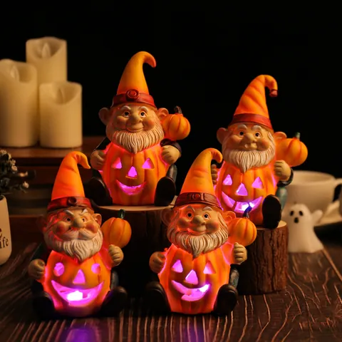 Halloween Lichtgevende Gnoom Met Pompoen Figuur Hars LED Jack O Lantern Standbeeld Voor Binnenplaats Tuin Huis Feest Decoratie