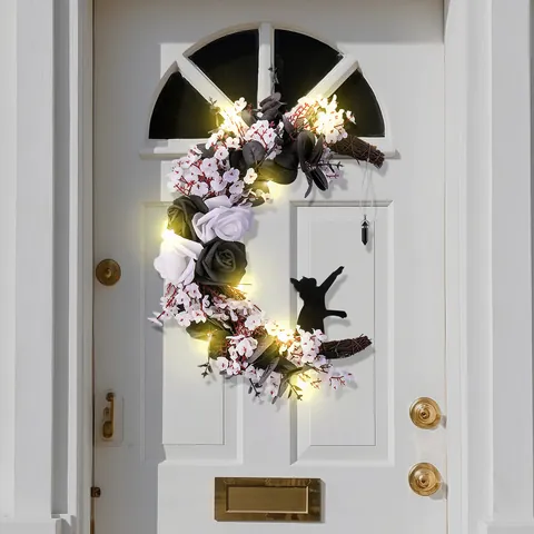 Halloween Moon Wreath With Black Cat LED Lights Artificial Black White Roses Gothic Door Hanging Ornament Festival Home Decor