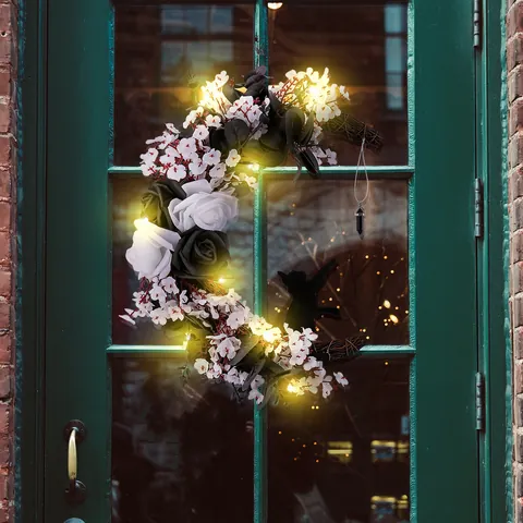 Halloween Moon Wreath With Black Cat LED Lights Artificial Black White Roses Gothic Door Hanging Ornament Festival Home Decor
