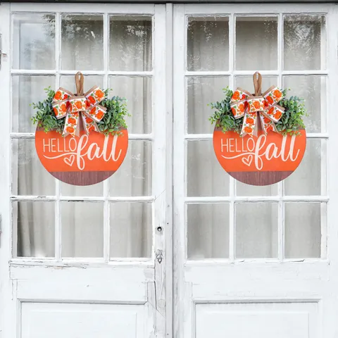 Autumn Hello Fall Door Sign Round Wood Plaque Pumpkin Bow Faux Greenery Wreath For Front Door Porch Thanksgiving Halloween Decor