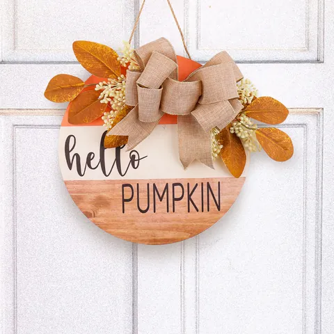 Rustic Autumn Wooden Hello Pumpkin Door Sign With Burlap Bow Artificial Maple Leaves Berries Hanging Ornament Fall Decor