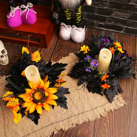 Halloween Kerzenhalter Sonnenblume Kranz Schwarz Ahornblatt Kerzenring Tischdekoration Für Party Haus Festival Dekoration