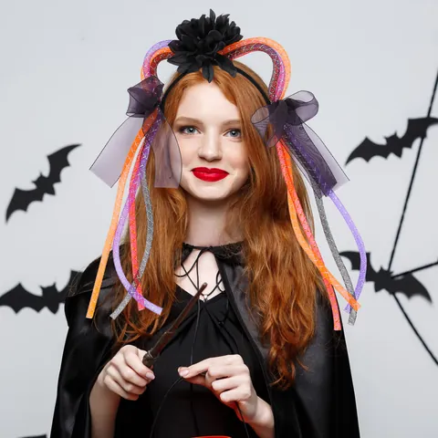 Halloween Mesh Cat Ear Headband With Braids Funny Party Costume Hair Hoop Sequin Ribbon Flower Headwear Dress Up Dress Accessory