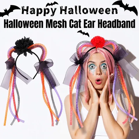 Halloween Mesh Cat Ear Headband With Braids Funny Party Costume Hair Hoop Sequin Ribbon Flower Headwear Dress Up Dress Accessory