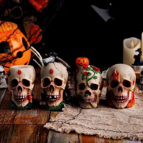 Halloween Resin Skull Ornament Gothic Horror Skeleton Head Statue For Haunted House Party Desktop Decor Resin Craft Gifts