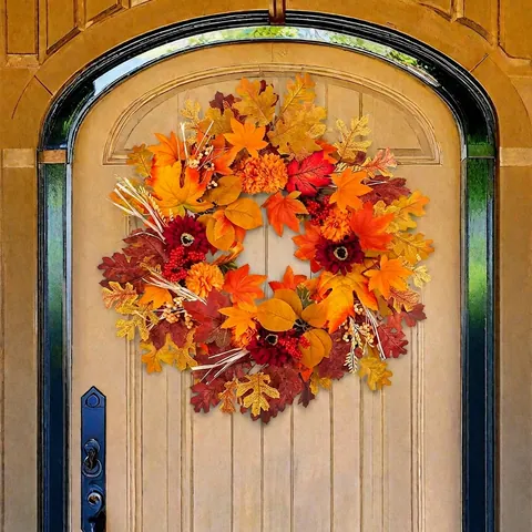 Autumn Maple Leaf Sunflower Wreath Red Orange Artificial Fall Wreath For Front Door Harvest Thanksgiving Decor Hanging Garland