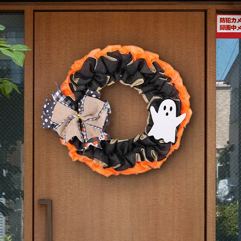 Halloween Ghost Wreath Burlap Mesh Bowknot Door Hanging Decor Vintage Spooky Halloween Props For Home Office Party Supplies