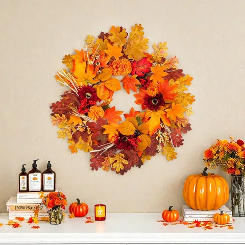 Autumn Maple Leaf Sunflower Wreath Red Orange Artificial Fall Wreath For Front Door Harvest Thanksgiving Decor Hanging Garland