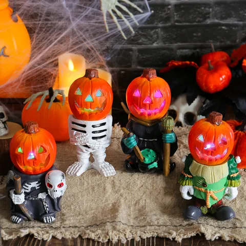 Halloween LED Pumpkin Knight Resin Statue Spooky Glowing Jack-o'-lantern Desktop Ornament Garden Party Festive Decoration