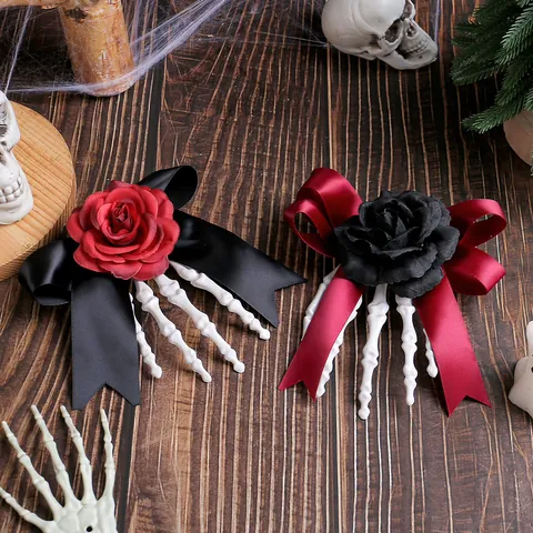 Fermagli per Capelli Mano di Scheletro di Halloween Con Fiocco Rosa Forcine Gotiche Spaventose Accessori per Feste in Costume per Donne Ragazze