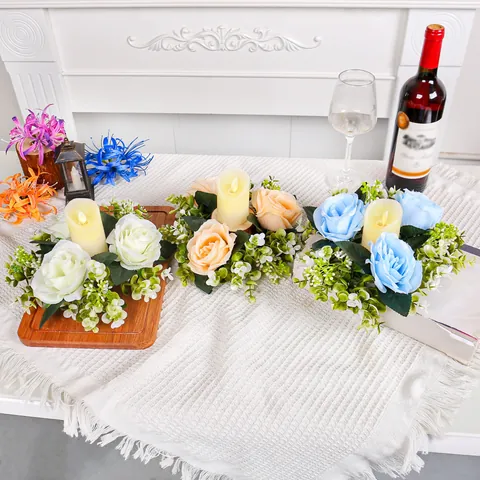 Artificial Rose Flower Candle Ring Wreath Table Centerpiece Romantic Silk Floral Decor For Wedding Party Dining Decor
