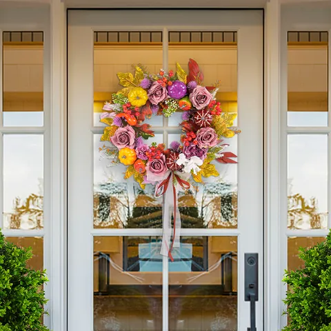 Harvest Festival Rose Pumpkin Wreath Country Farmhouse Front Door Decor Artificial Autumn Maple Leaf Berry Wreath Hanging Decor