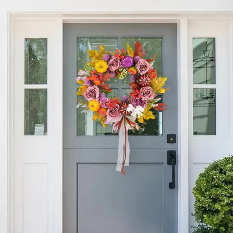 Harvest Festival Rose Pumpkin Wreath Country Farmhouse Front Door Decor Artificial Autumn Maple Leaf Berry Wreath Hanging Decor