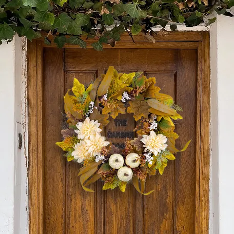 Herbst Ahornblatt Weißer Kürbis Kranz Für Ernte Erntedankfest Halloween Haustür Dekoration Mit Beeren Dahlien