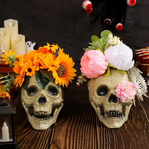 Halloween Skull Decor with Artificial Sunflower and Peony Flowers Horror Haunted House Props Festive Tabletop Ornament