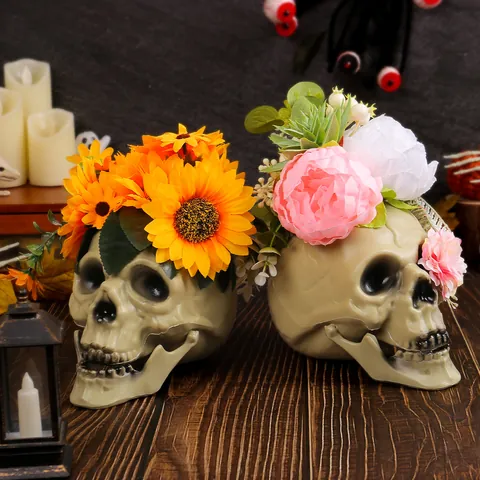 Halloween Skull Decor with Artificial Sunflower and Peony Flowers Horror Haunted House Props Festive Tabletop Ornament