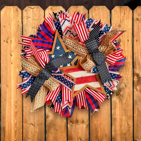 Independence Day Patriotic Wreath American Flag Decorative Door Hanging Wreath Red White Blue Stars Stripes Ribbon Wreath