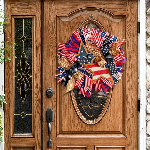 Independence Day Patriotic Wreath American Flag Decorative Door Hanging Wreath Red White Blue Stars Stripes Ribbon Wreath