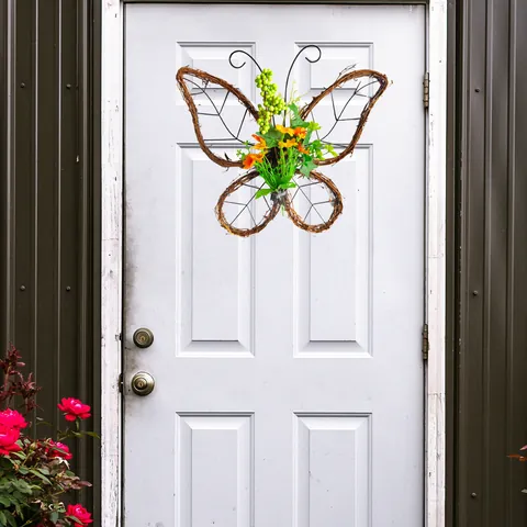 Butterfly Shaped Withered Branch Wreath Door Hanging Spring Artificial Flowers Iron Vine Ring For Home Party Garden Decor