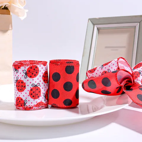 Red Black Polka Dot Ladybug Wired Ribbon For Gift Wrapping Party Decor Christmas Tree Ribbon Trim Wired Edge Fabric Ribbon