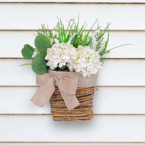 Artificial White Hydrangea Flower Basket Door Hanging Rural Style Vine Woven Wreath With Burlap Bow For Home Decor