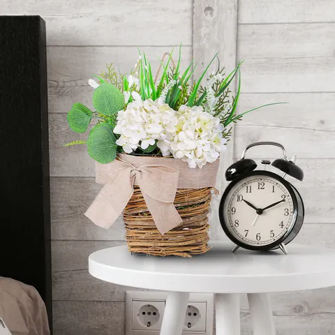 Artificial White Hydrangea Flower Basket Door Hanging Rural Style Vine Woven Wreath With Burlap Bow For Home Decor
