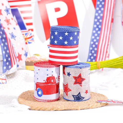 Independence Day Patriotic Burlap Wired Ribbon American Flag Stars Stripes Red White Blue DIY Craft Wreath Gift Wrapping