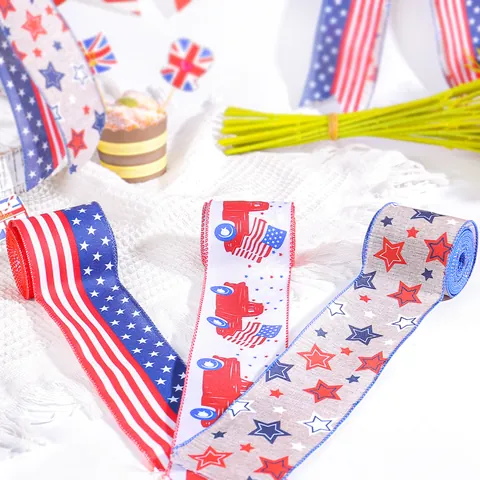 Independence Day Patriotic Burlap Wired Ribbon American Flag Stars Stripes Red White Blue DIY Craft Wreath Gift Wrapping