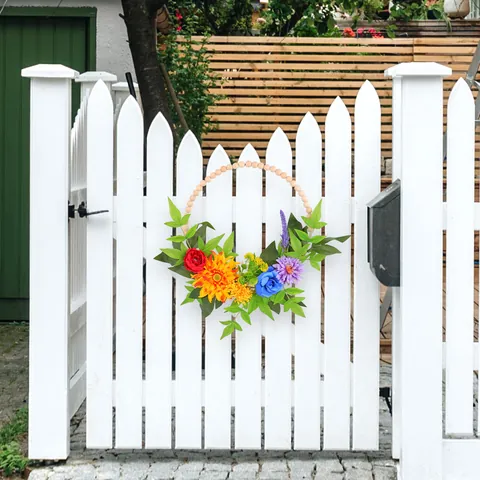 Couronne en Perles de Bois Florale Décoration Murale Printemps Été Guirlande de Fleurs Artificielles pour Porte Mariage Maison