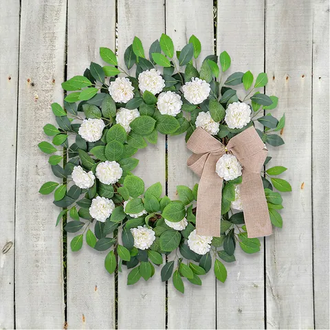 Summer Artificial White Hydrangea Wreath Green Leaves Linen Bow Rustic Farmhouse Door Wall Hanging Decor Home Office