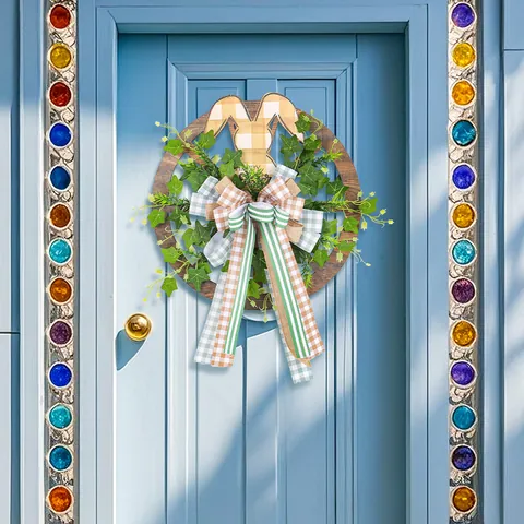 Couronne de Roue de Wagon de Lapin en Bois de Pâques Noeud à Carreaux Verdure Artificielle Décoration de Porte