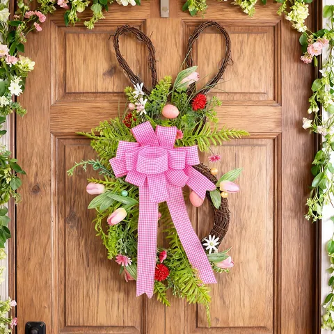 Ghirlanda Di Pasqua Con Coniglio In Rami Secchi Con Fiocco Rosa A Quadretti Fiori Di Tulipano Artificiali E Uova Per Decorazione Esterna