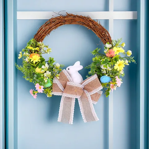 Easter Bunny Wreath Colorful Foam Eggs Burlap Lace Bow Pastoral Spring Vine Floral Garland for Front Door Holiday Decor