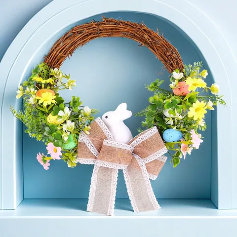 Easter Bunny Wreath Colorful Foam Eggs Burlap Lace Bow Pastoral Spring Vine Floral Garland for Front Door Holiday Decor