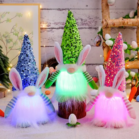 Easter Glowing Bunny Gnome Sequin Rabbit Ear LED Plush Doll Nordic Gnome Ornament For Easter Party Festival Home Table Decoration Gift