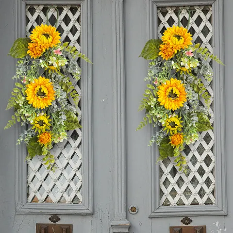 Artificial Sunflower Teardrop Swag Wreath For Front Door Wall Hanging Decoration Rustic Polyester Plastic Floral Spring Ornament Home Living Room Decor