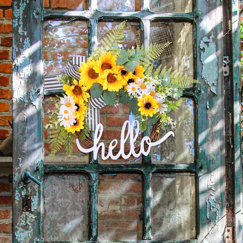 Artificial Sunflower Wreath With Hello Sign White Daisy Fern Leaves Black White Striped Bow Rural Door Hanging Ornament Home Decoration