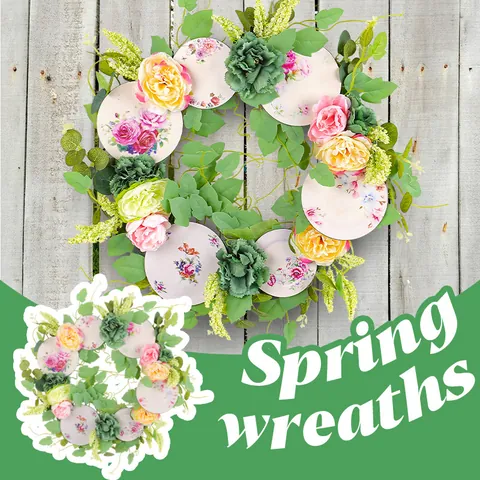 Spring Artificial Wreath With Pink Yellow Rose Natural Withered Vine Base Blue White Porcelain Style Floral Plate Door Hanging Wreath Home Wall Decor
