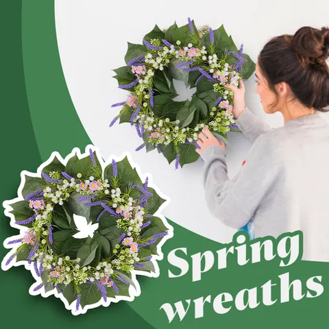 Spring Artificial Flower Wreath Lavender Eucalyptus Leaves Dry Branch Wreath Front Door Hanging Decoration Wedding Home Wall Ornament