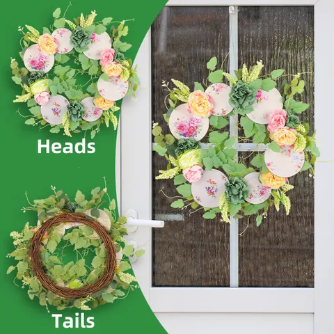 Spring Artificial Wreath With Pink Yellow Rose Natural Withered Vine Base Blue White Porcelain Style Floral Plate Door Hanging Wreath Home Wall Decor