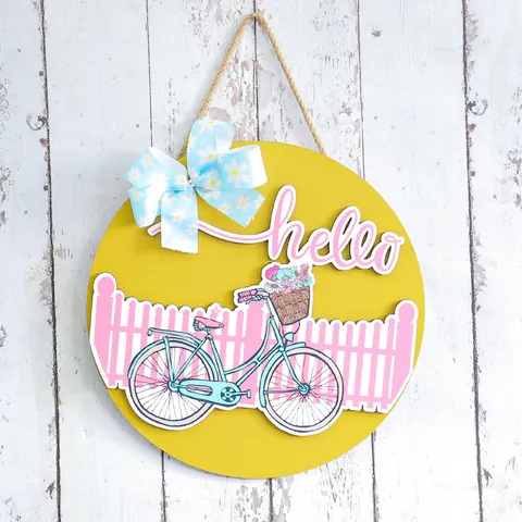 Día de San Valentín Letrero de Puerta de Madera Redondo Hello Love Corazón Paraguas Bicicleta Decoración para Hogar Tienda
