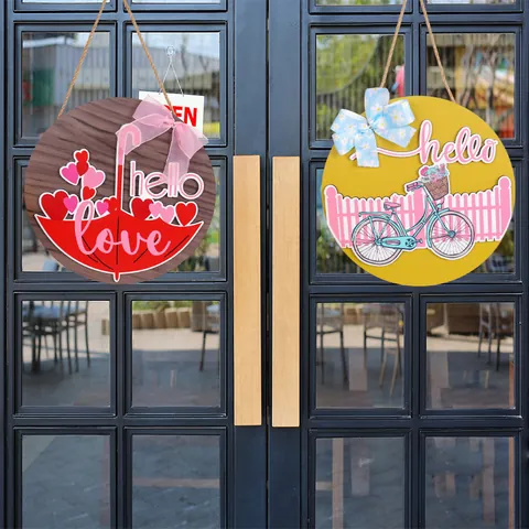 Día de San Valentín Letrero de Puerta de Madera Redondo Hello Love Corazón Paraguas Bicicleta Decoración para Hogar Tienda