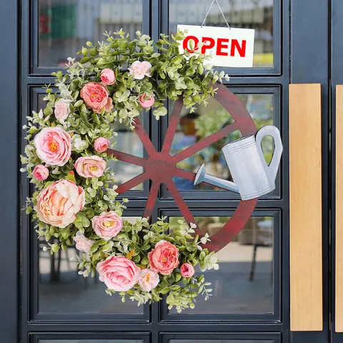 Lente Gieter Wiel Krans Landhuis Hout Plastic Stof Bloemen Slinger Voor Voordeur Buiten Tuin Huis Wanddecoratie