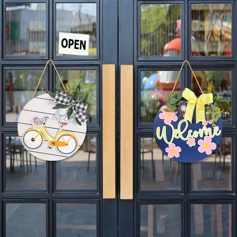 Rustic Wooden Welcome Door Sign Hanging Wreath With Artificial Greenery Fabric Bow Hello Spring Bicycle Floral Wood Plaque For Farmhouse Home Decor